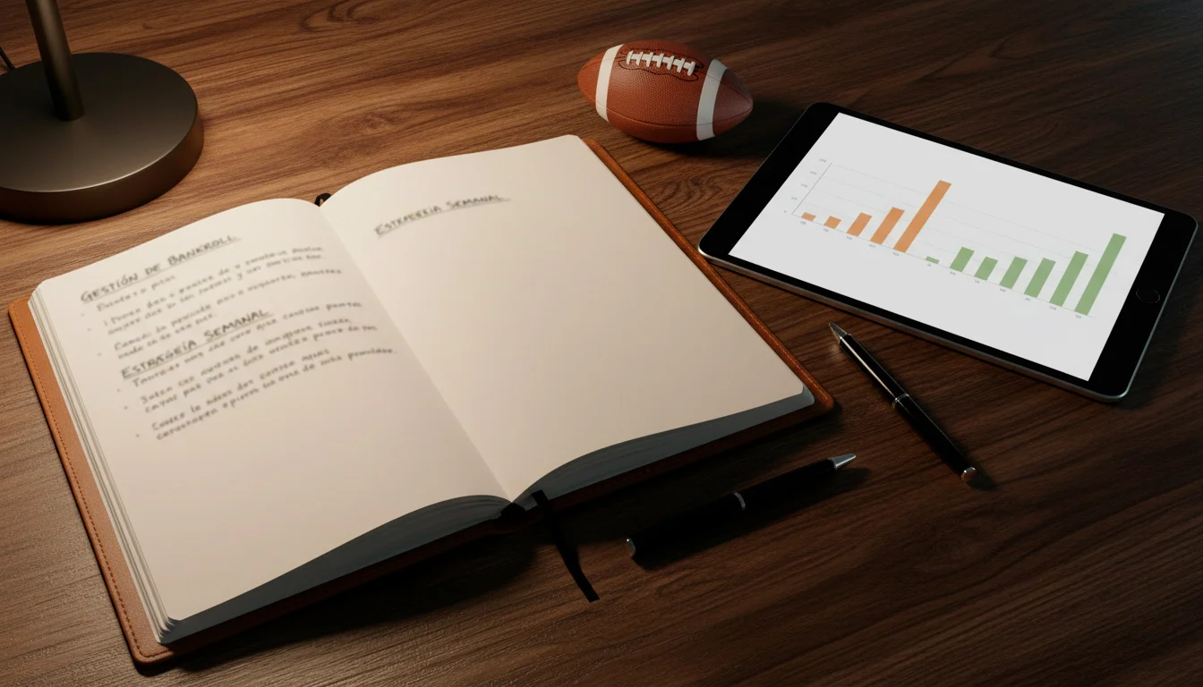 Escritorio con notas de estrategia y análisis estadístico para apuestas de fútbol americano