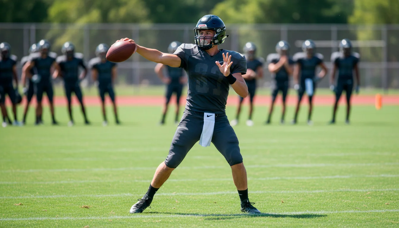 Quarterback lanzando un pase largo en un campo de fútbol americano con césped natural